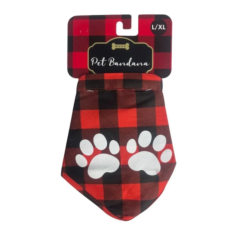 Buffalo Plaid Pet Bandana L/XL Red Black Paw Print By Woof Adjustable Cotton‎
